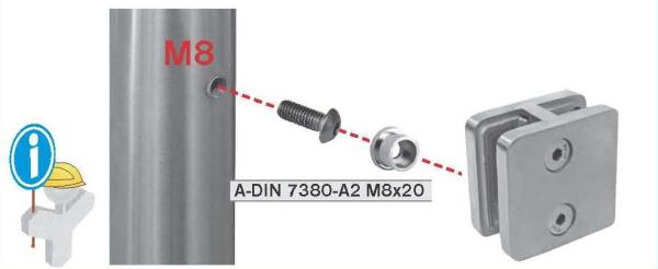 Glashalter V4A Eckig Vorderseite Pfosten Punkthalter V4A Edelstahl Rohr 42,4 Klemmen Glasklemme